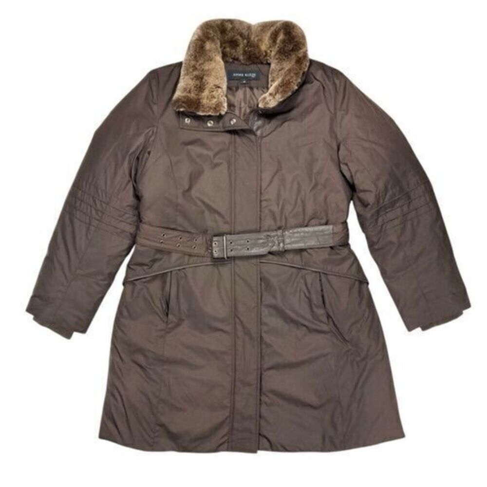 Anne Klein Rabbit Fur Trimmed Coat Sz M Brown Down Filled Belted Classic‎ Jacket